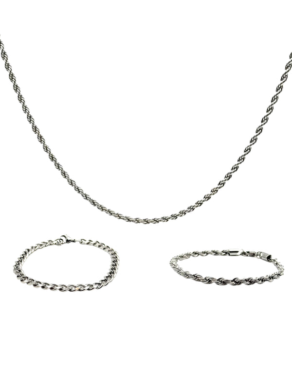 SILVER ROPE CHAIN + BRACELETS BUNDLE