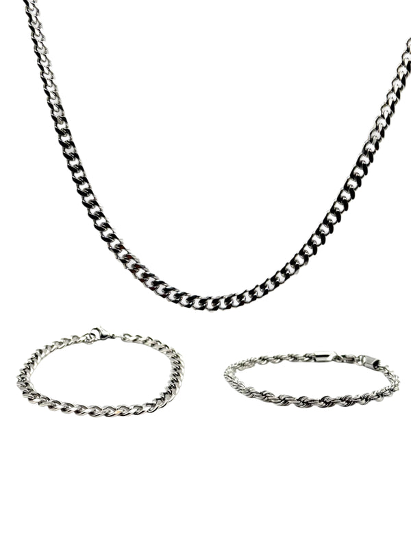 SILVER CUBAN CHAIN + BRACELETS BUNDLE